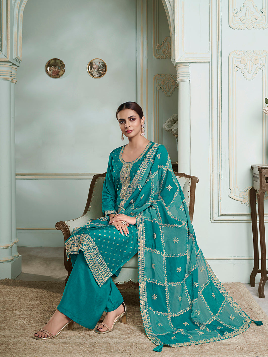 Turquoise Dola Jacquard with Heavy Sequins Embroidery Kurta Suit set