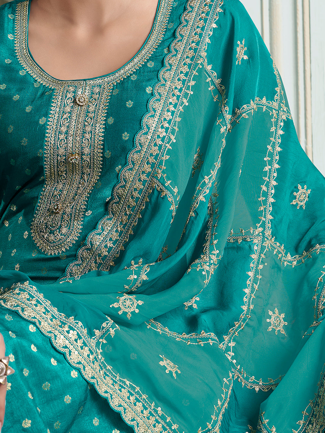 Turquoise Dola Jacquard with Heavy Sequins Embroidery Kurta Suit set