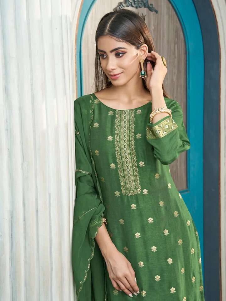 Sap Green Exquisite Placement Weaving Kurta Suit Set Product vendor