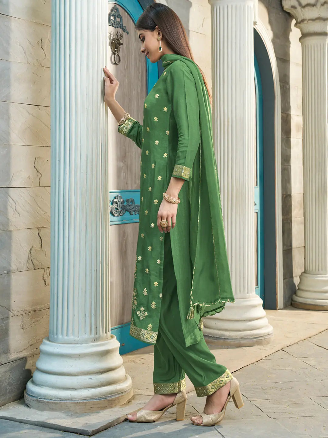 Sap Green Exquisite Placement Weaving Kurta Suit Set Product vendor