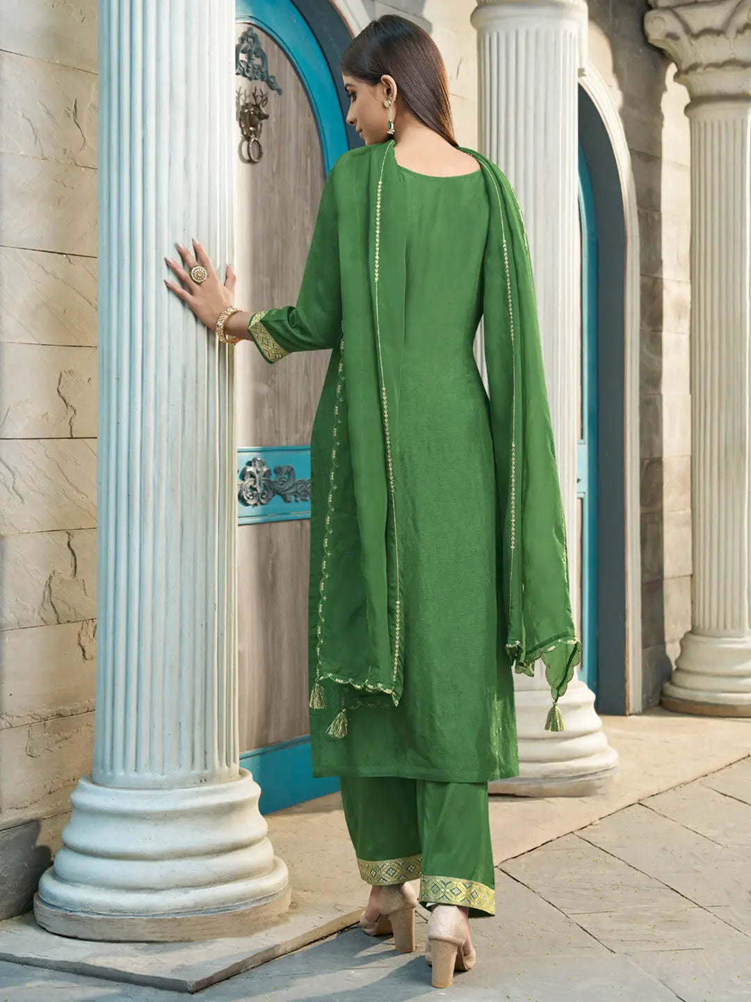 Sap Green Exquisite Placement Weaving Kurta Suit Set Product vendor