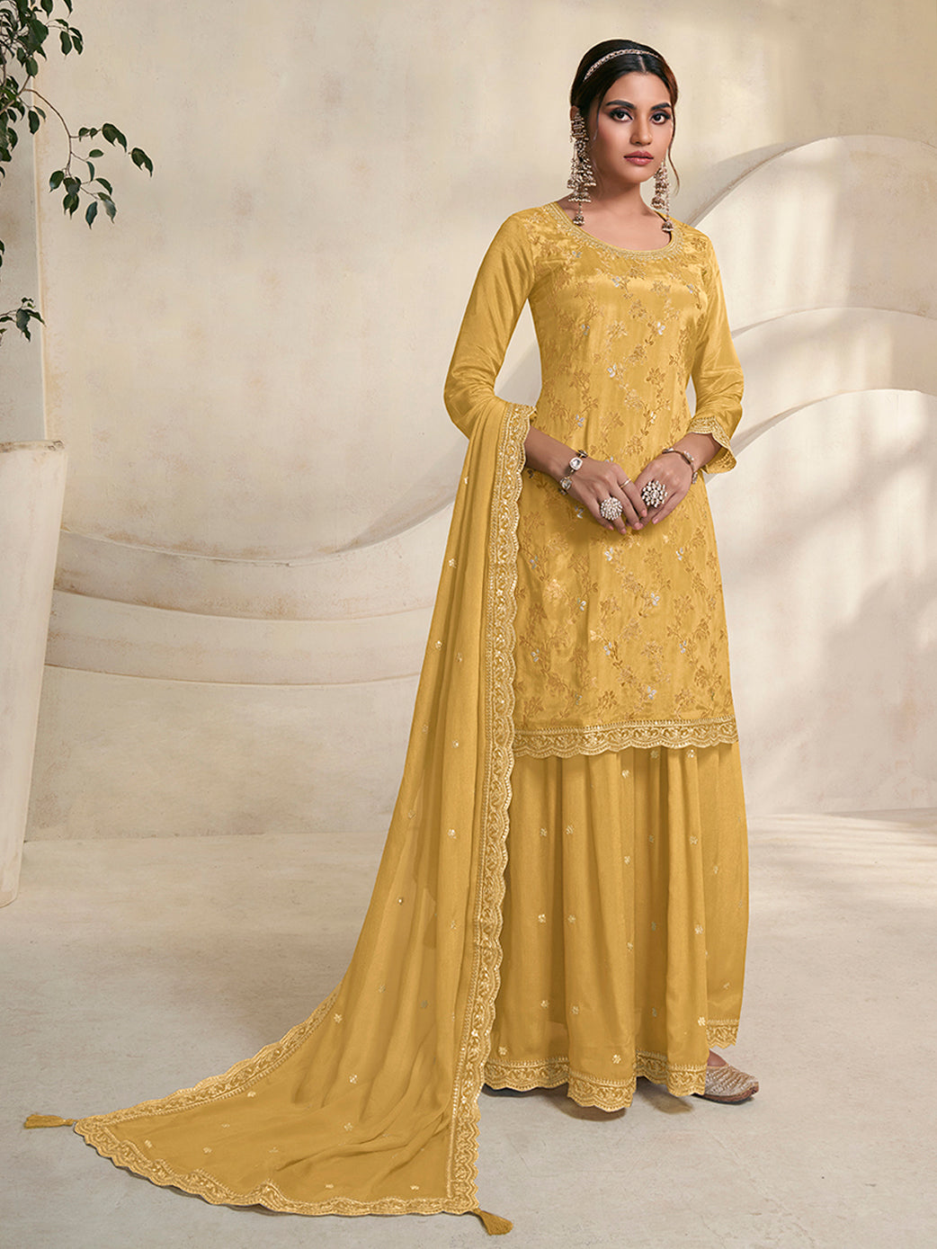 Yellow Jacquard Embroidered Sharara Suit Set Product vendor